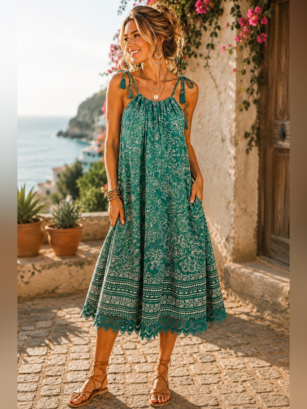 Old Navy Green Boho Cotton Tie-Shoulder Swing Dress L | Crochet Lace Hem Midi